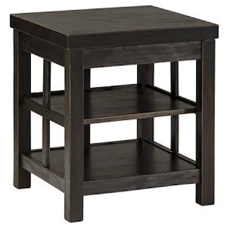 Rustic Distressed Black Square End Table with 2 Shelves